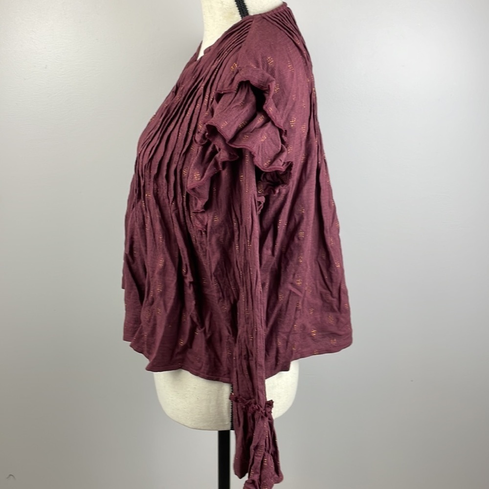 Versona Cropped Blouse SZ S Ruffle Sleeves Maroon with Gold Sparkles - Picture 7 of 11